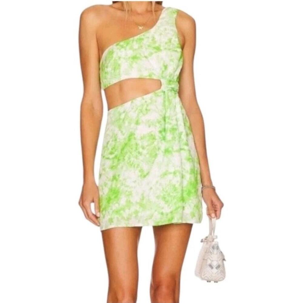 NWTFor Love & Lemons Devon Mini Dress  Green Tie Dyw Bamboo M Boho Artsy 80s Y2k